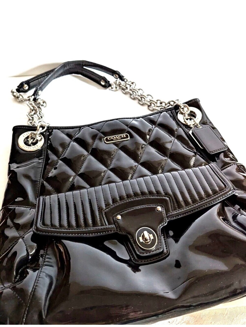 Coach Poppy Liquid Glass Quilted Patent Leather Shoulder Bag Chain
